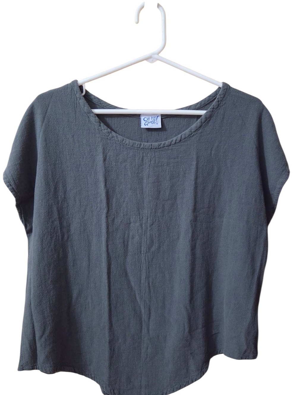 Oh My Gauze! Slate Gray Boxy Short Sleeve Linen Top Size 1 = Oversized Small